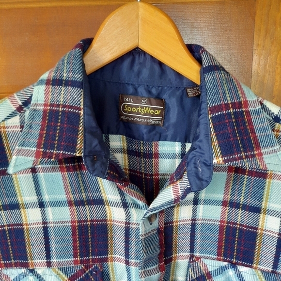 Vintage Sears SportsWear blue maroon plaid flannel button down shirt - Picture 4 of 12